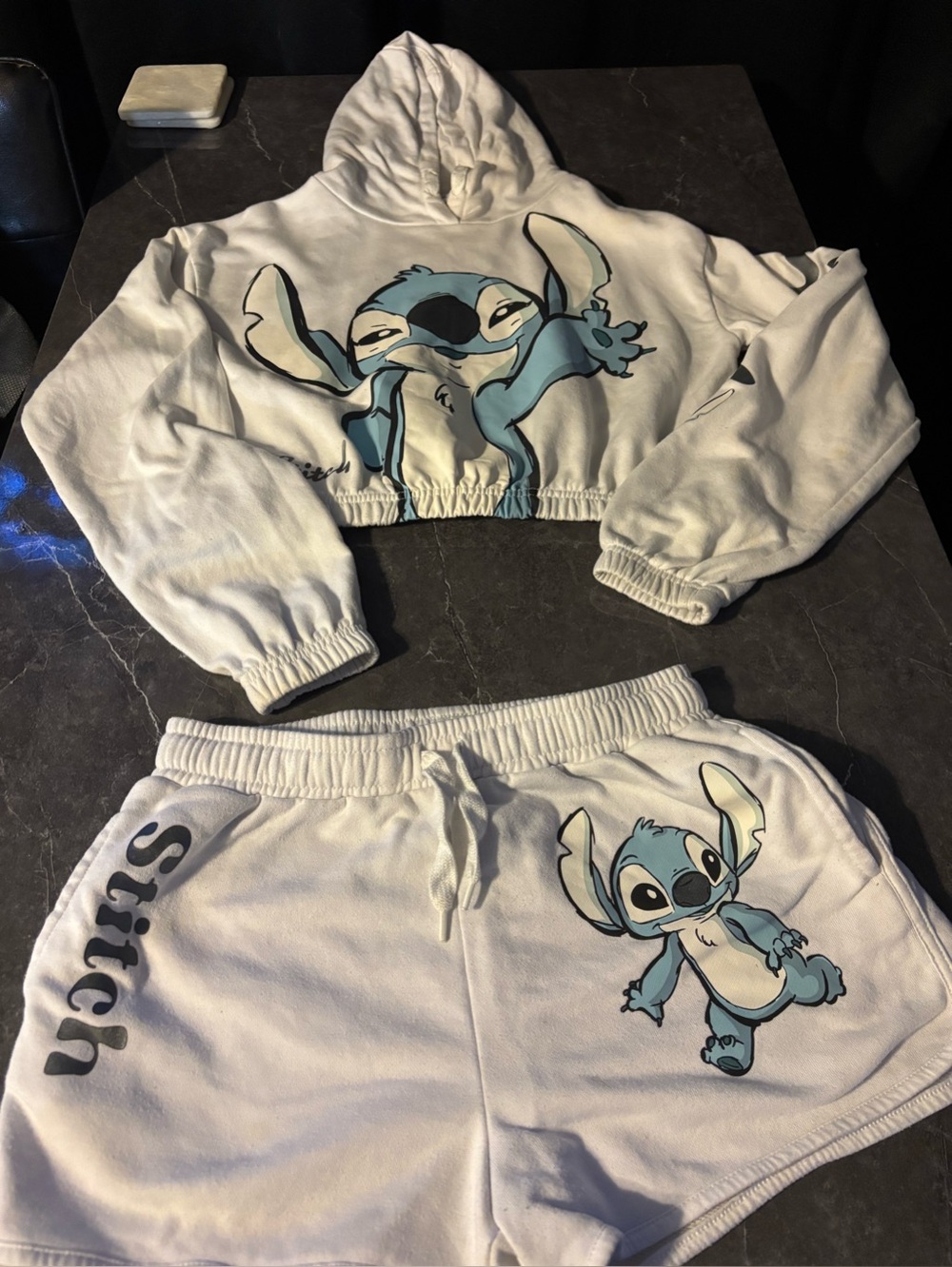 Disney White & Blue Stitch Cropped Hoodie and Shorts Set